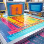 Close-up of a screen printing setup with colorful ink in blue, red, yellow, and orange spread across a mesh screen. Multiple screens and printing equipment are in the background, showcasing a busy workshop environment.