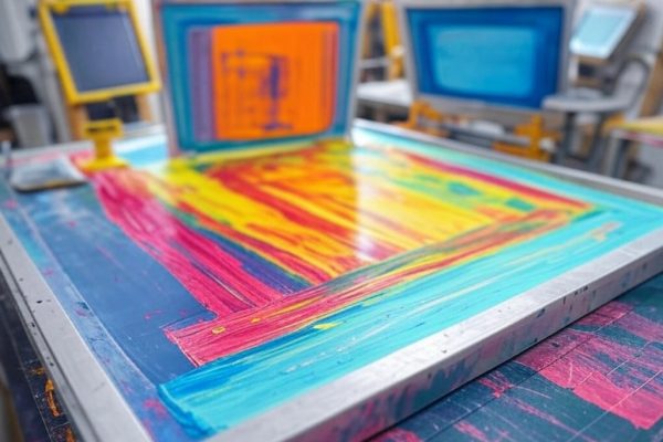 Close-up of a screen printing setup with colorful ink in blue, red, yellow, and orange spread across a mesh screen. Multiple screens and printing equipment are in the background, showcasing a busy workshop environment.