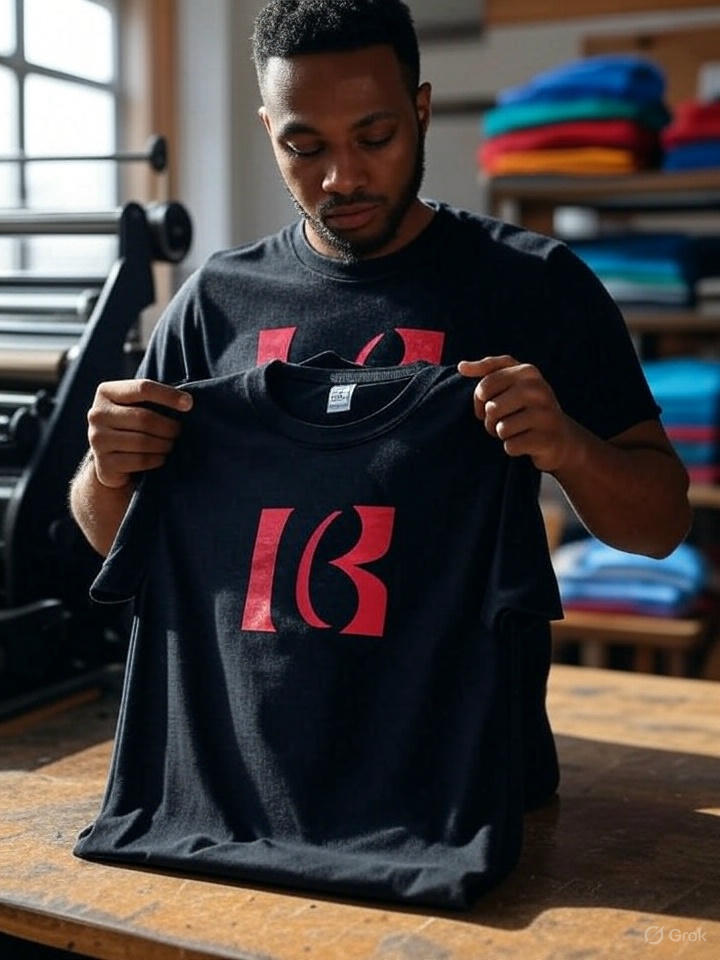 A person stands in a bright workshop, holding up a black T-shirt with a bold red logo on the chest. Another black T-shirt with the same logo lies folded on a wooden table in the foreground. Behind them, a printing press and shelves stacked with colorful folded shirts create a busy, creative atmosphere. Large windows let in natural light, illuminating the workspace.