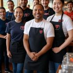 Restaurant workers in Cuyahoga Valley pose in a bustling shop, showcasing custom uniforms. Some wear white shirts with a red logo, while others sport navy blue shirts with the same design. Black aprons tie the look together, set against a warm interior with wooden floors and soft lighting.