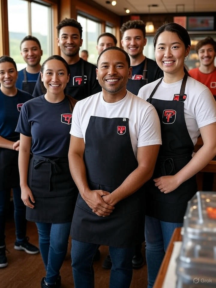 Restaurant workers in Cuyahoga Valley pose in a bustling shop, showcasing custom uniforms. Some wear white shirts with a red logo, while others sport navy blue shirts with the same design. Black aprons tie the look together, set against a warm interior with wooden floors and soft lighting.