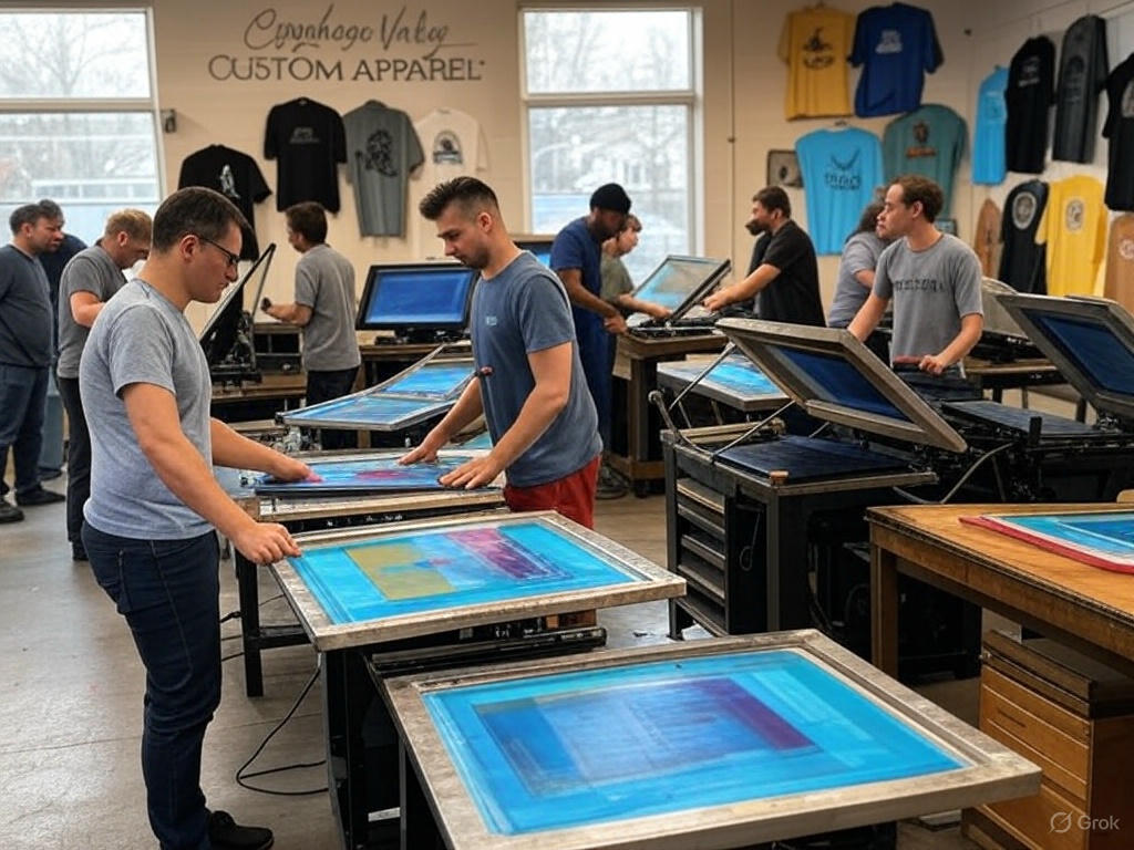 Busy screen printing shop in Northeast Ohio with multiple workers operating presses, colorful inks on screens, and a variety of custom shirts featuring local designs hanging on the walls, creating a vibrant and community-focused atmosphere.